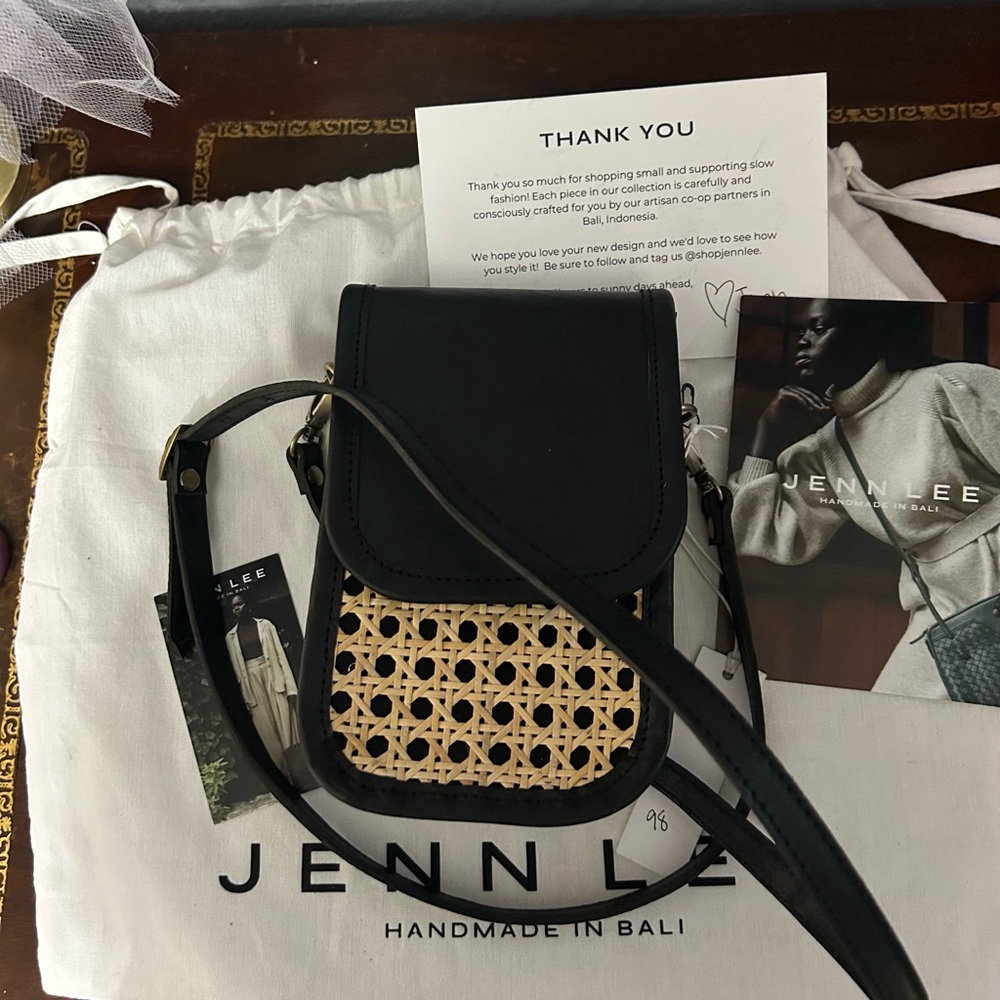 NWT Jenn Lee Black and Cane Leather Crossbody bag. Dust bag included.